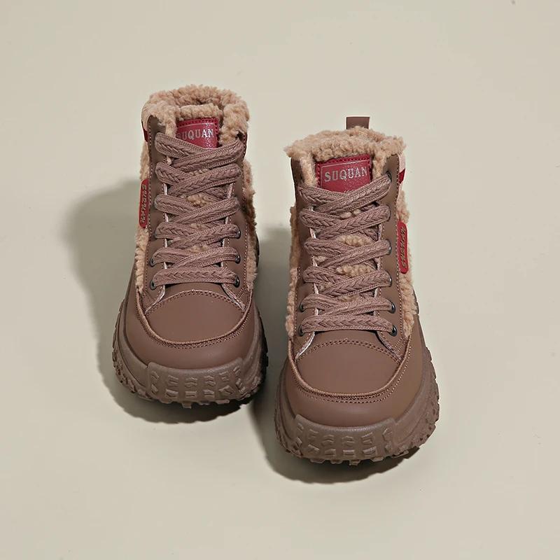 Fashion Women Ankle Flats Platform Sneakers Winter 2025 Trend Lace Up Short Plush Warm Women Shoes Comfort Casual Outdoor Non Slip Boots