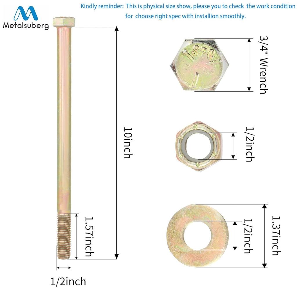 1/2" x 10" Hex Head Bolt by Color Galvanization with Nylon Lock nut and Large Size Washer Assortment Kit,Alloy Steel,Grade 5.(4pcs Pack)