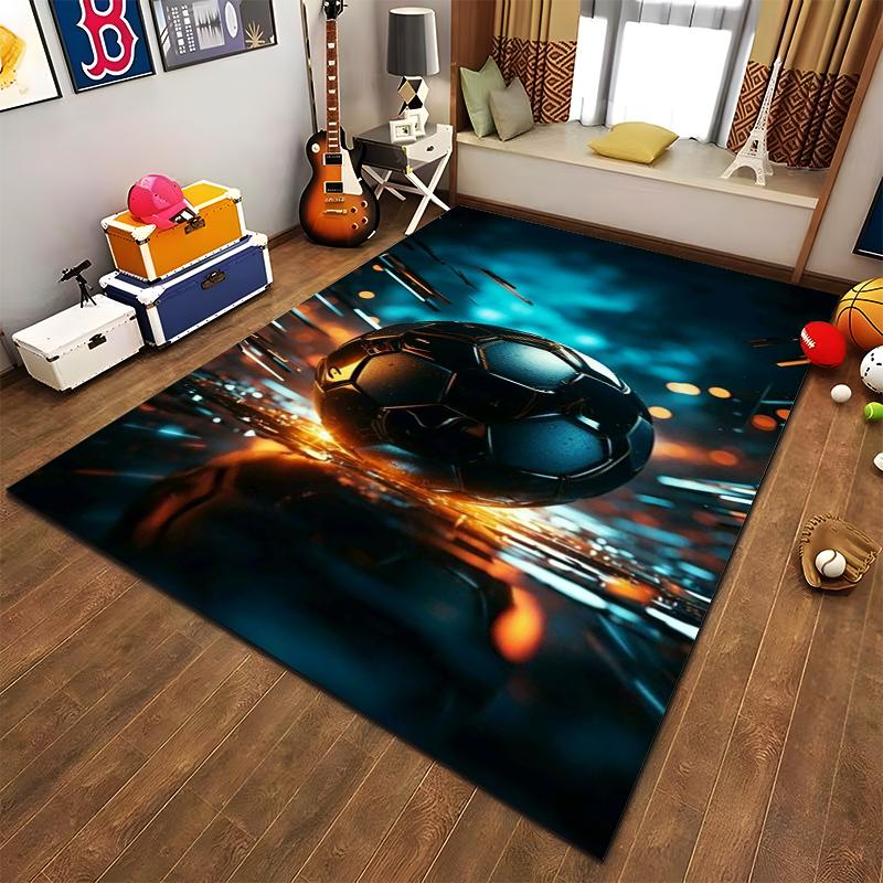 "Sports Themed Carpet with Fiery Soccer Ball and Dynamic Blue Glow" Suitable for use as an anti-slip for living room bedroom sofas