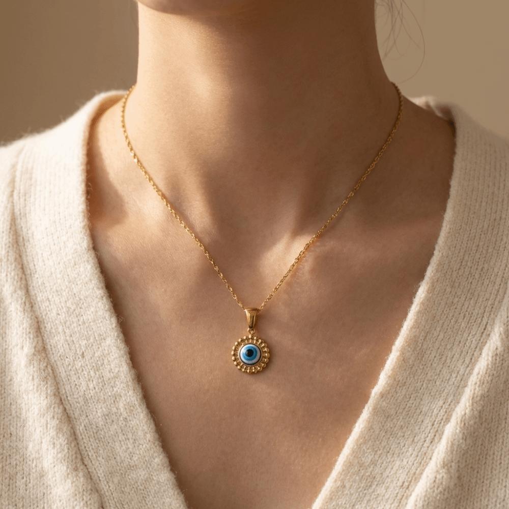 Minimalist Blue Eye Pendant Necklace Stainless Steel Geometric Jewelry  Party