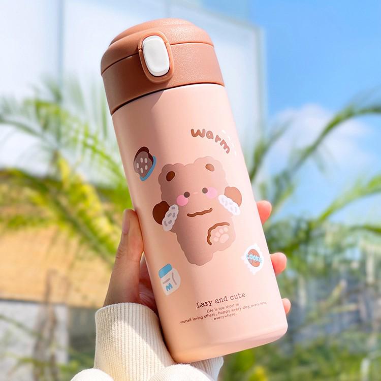 Ins Style Girly Heart Insulated Flask with Cute Bear Straw - Student Cartoon Pop-up Water Cup