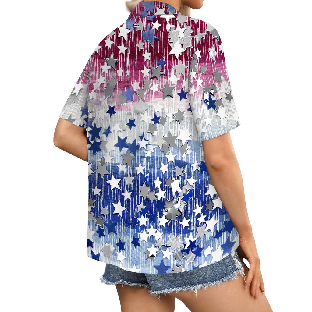 Women's Casual Short Sleeve Button Down Shirt Independent Day Star Print Collar Blouse Lightweight Summer Top