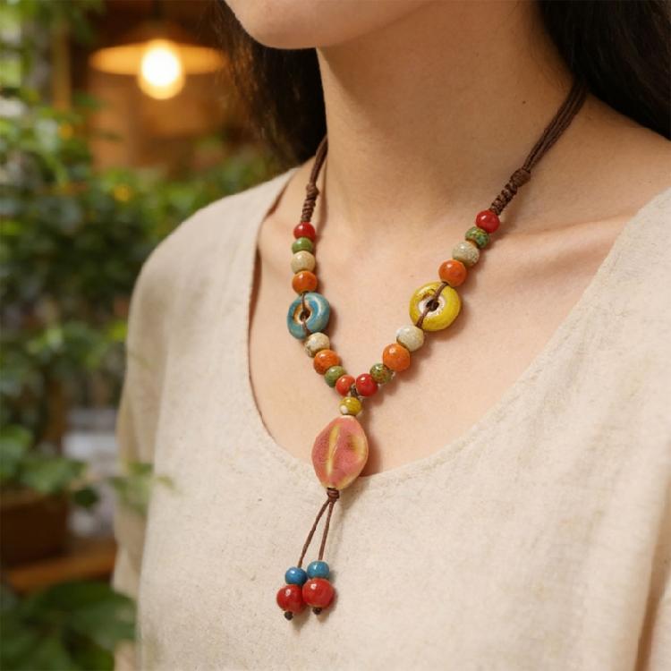 Delicate Ceramic Flower Beaded Necklace Handcrafted Retro Long Sweater Chain For Various Occasions