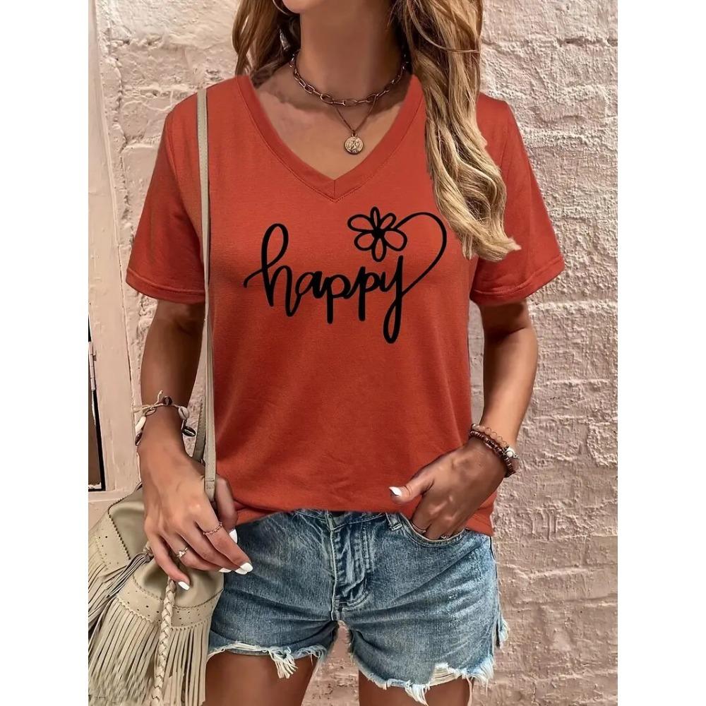 Floral Print V-neck T-shirt Summer Fashion Casual Blouse Street Fashion Oversized Women's Clothing