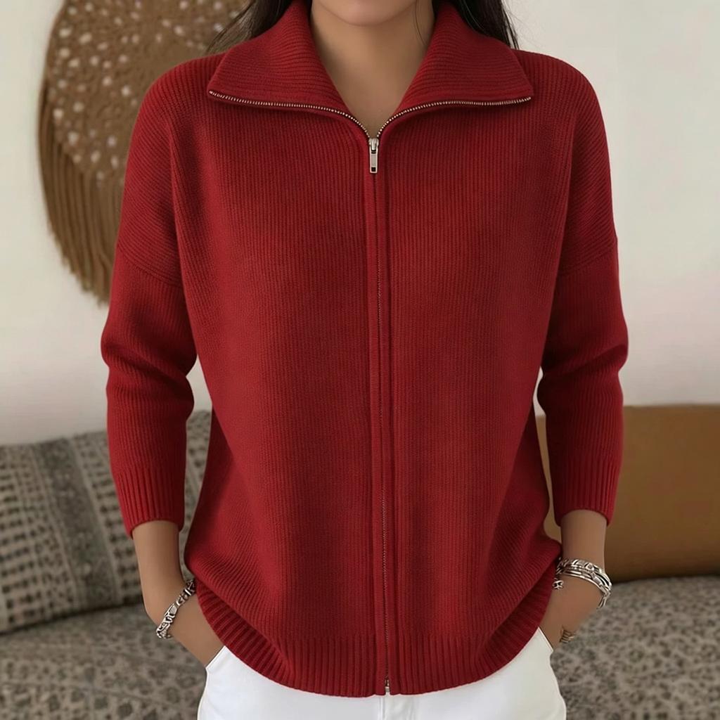 Cardigan a maglia con zip da donna, maglione casual a maniche lunghe, con zip completa, colletto a coste, pullover leggero, capospalla