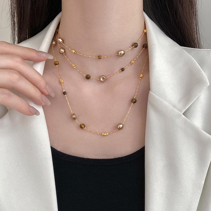 Autumn And Winter Long Tiger Eye Stone Pearl Beads Long Sweater Chain For Women'S Popular Necklace  Jewelry Accessories