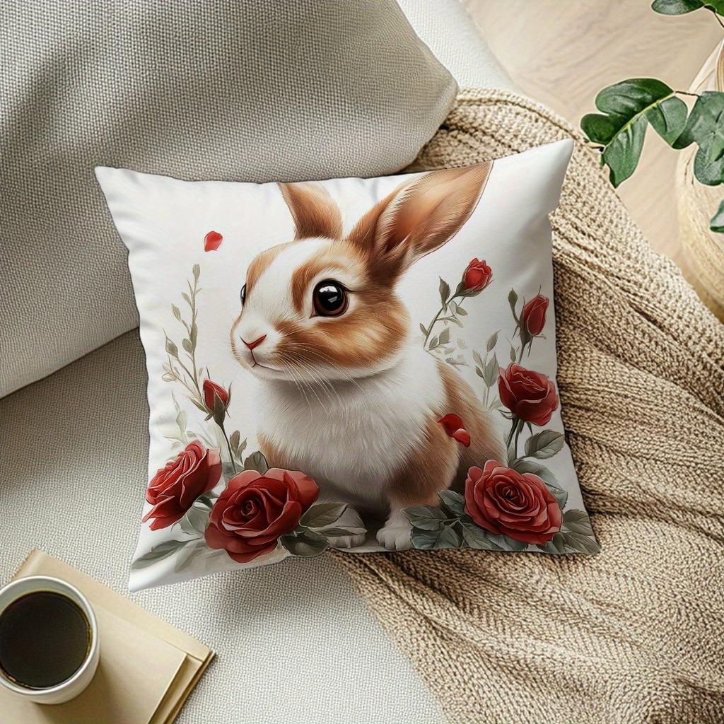 1 piece modern style rabbit and rose print pillow cover