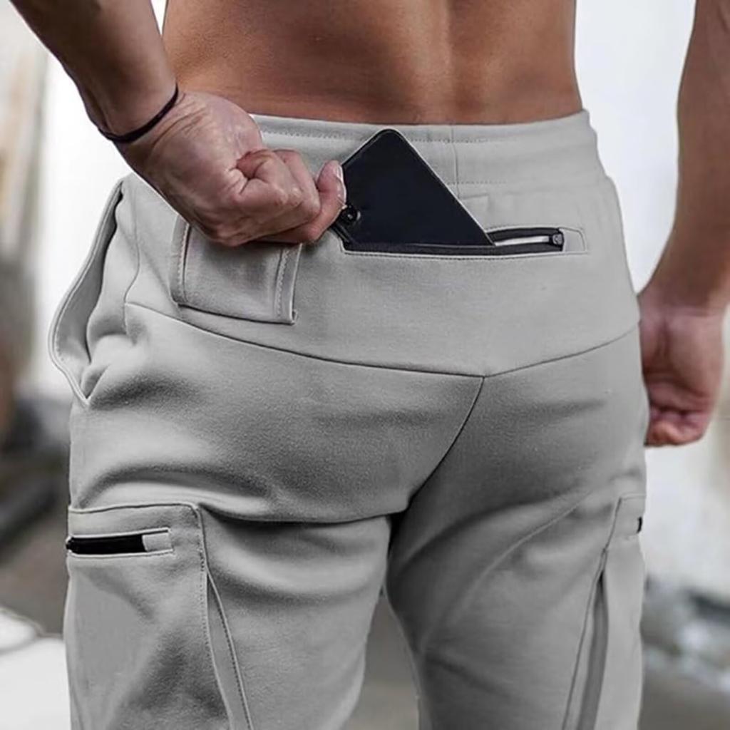 [Mechieng] Men's Jogger Pants, Training Wear, Multi-Pocket, Strength Training, Fitness Pants, Slim Fit, Cotton, Gym Wear, Camouflage Gray, 2XL