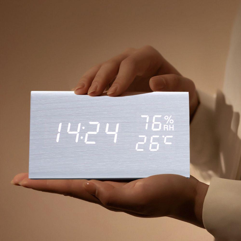 Triangular Wooden LED Alarm Clock Adjustable Brightness Humidity and Temperature Display Electronic Alarm Clock Voice-activated