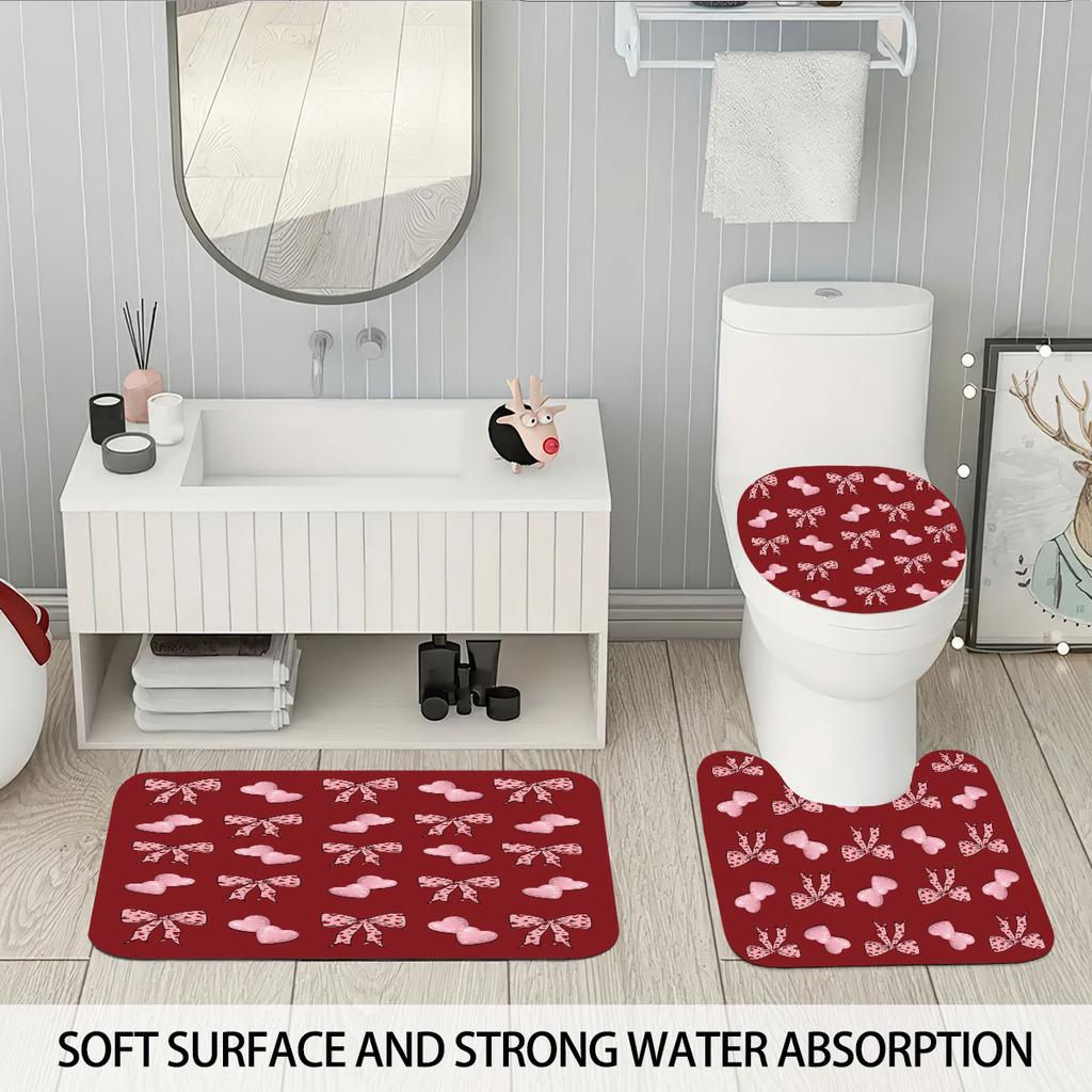 4pcs Valentine's Day Romantic Red Bow Printed Bathroom Set Waterproof Shower Curtain Floor Mat Toilet Mat U-Shaped Mat
