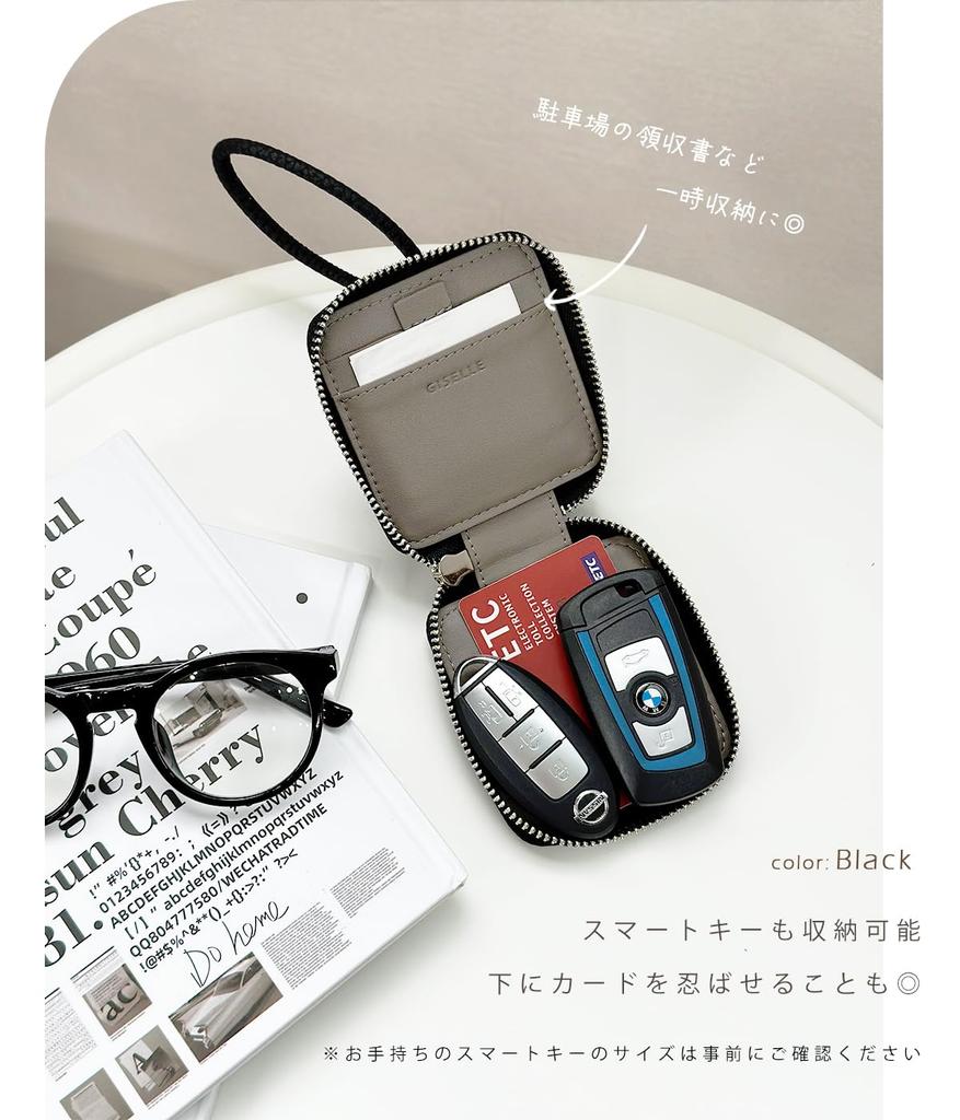 Genuine Leather Mini Pouch with Mirror, Key Case, Smart Key, Card Holder, Hand Strap, Carabiner, Round Zipper, for Men and Women (Grey Beige)