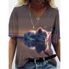 Women's V-neck Short-sleeved T-shirt with Cute Kitten Print