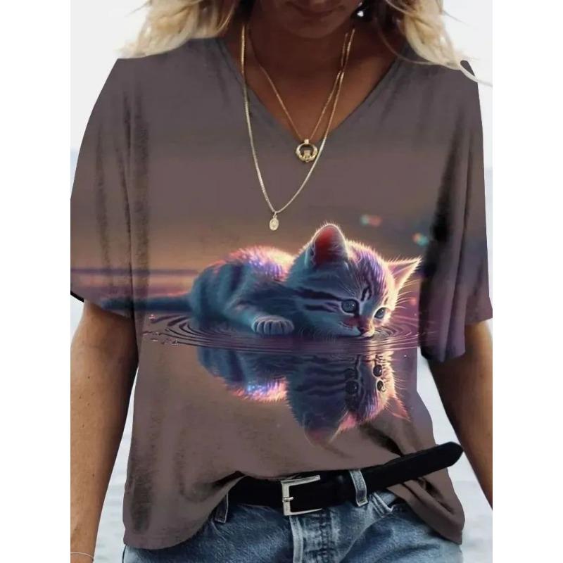 Women's V-neck Short-sleeved T-shirt with Cute Kitten Print