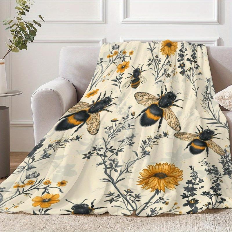 Cozy Soft Warm Skin-Friendly Bee Wildflower Flannel Throw Blanket Napping Camping Travel Sofa Bed Friends Family Gift Blankets