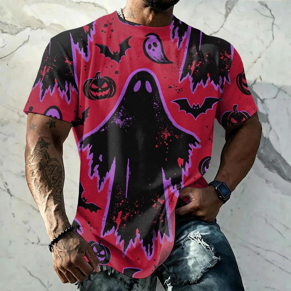 Men's Short Sleeve T-Shirt with Halloween Print Retro Texture Loose Fit Summer Streetwear Casual Top