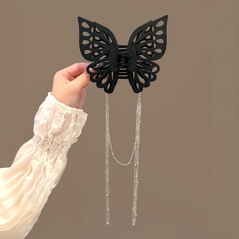 Black Oversized Butterfly Tassel Ponytail Claw Clip - 2025 New Hair Accessory
