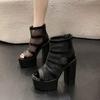 Fashion Shoes 2025 Sandals Block Heels All-Match Suit Female Beige Lace Denim Women's Open Toe New Boot Chunky Black High Summer Peep