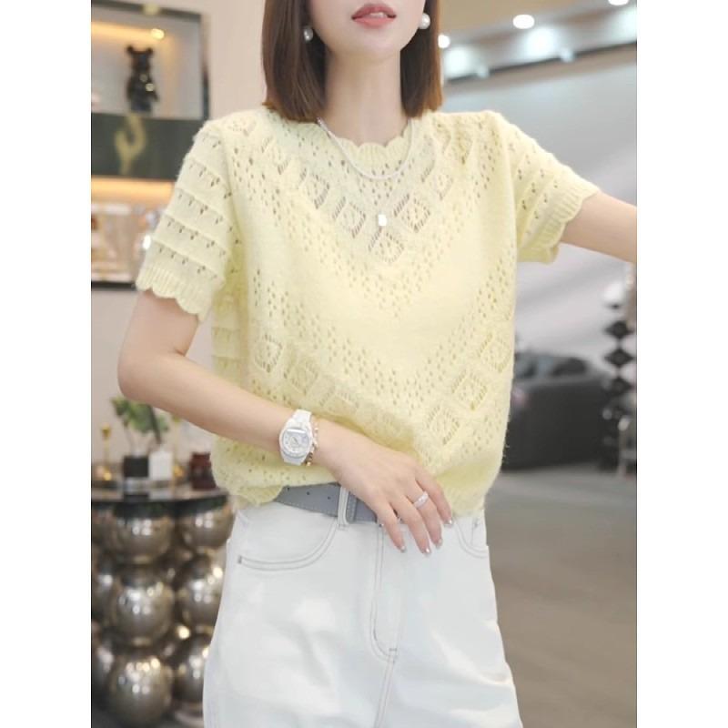 light grey round neck short sleeve hollow out knit top for women