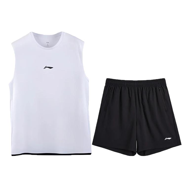 Li-Ning Comfortable Round Neck Pullover Simple Top Breathable Versatile Fashion Shorts Casual Sports Suit Unisex Sportswear AAPV157-1+YVSV017-1