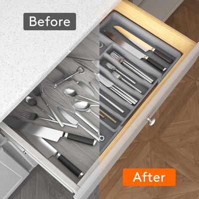 Drawer Organizer, Expandable Utensil Tray for Kitchen, BPA Free Flatware and Cutlery Holder, Adjustable Plastic Storage for Spoo