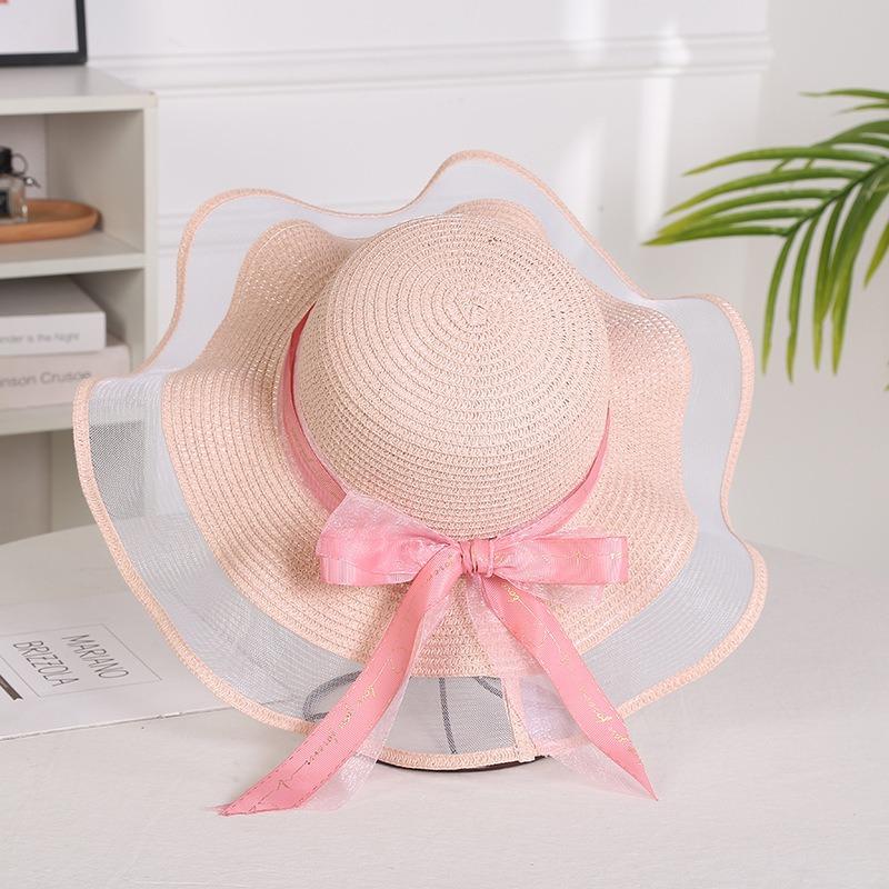 Summer Bow Sun Hat Female, Seaside Beach Vacation Sun Hat Outdoor Big Brim Sun Hat Sweet Straw Hat