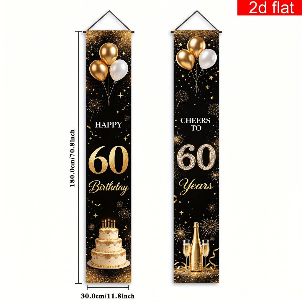 Happy 60th Birthday Couplet Banner Side CHEERS Years 1 Pair Polyester Indoor Outdoor Decor