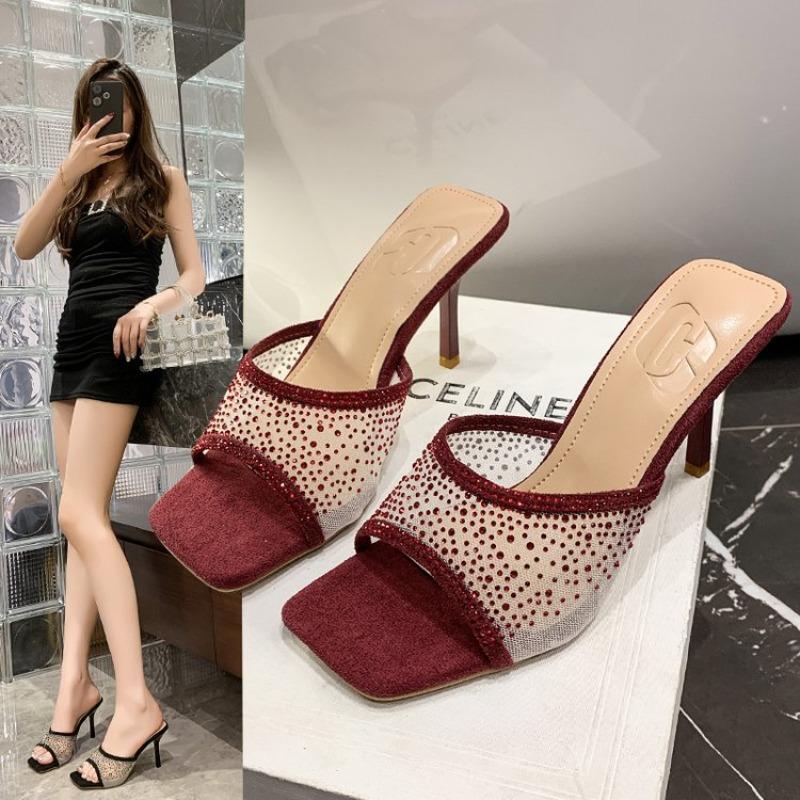 Fashion Fashionable Versatile High Heel Slippers Rhinestone Decorated One-piece Strap Sandals Casual Elegant Ladies Shoes