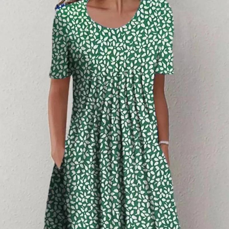 Spring and Summer Floral Print Crew Neck Pocket Women's Fashion Casual Crew Neck Trend Print Medium and Long Dress