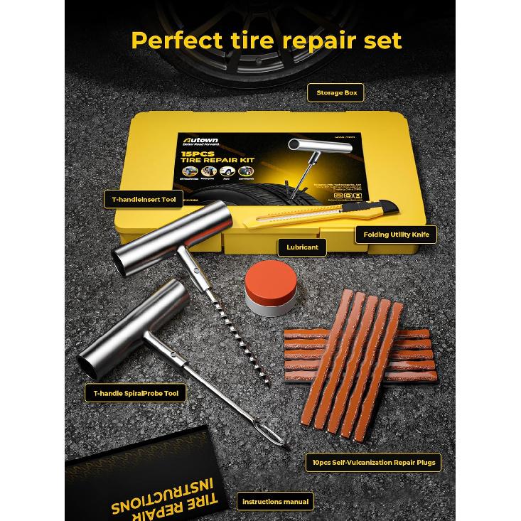Tire Repair Kit With Plugs Fix Punctures & Plug Flats With Ease - Heavy Duty Flat Tire Puncture Repair Kit For Car, Motorcycle, ATV, UTV, RV,