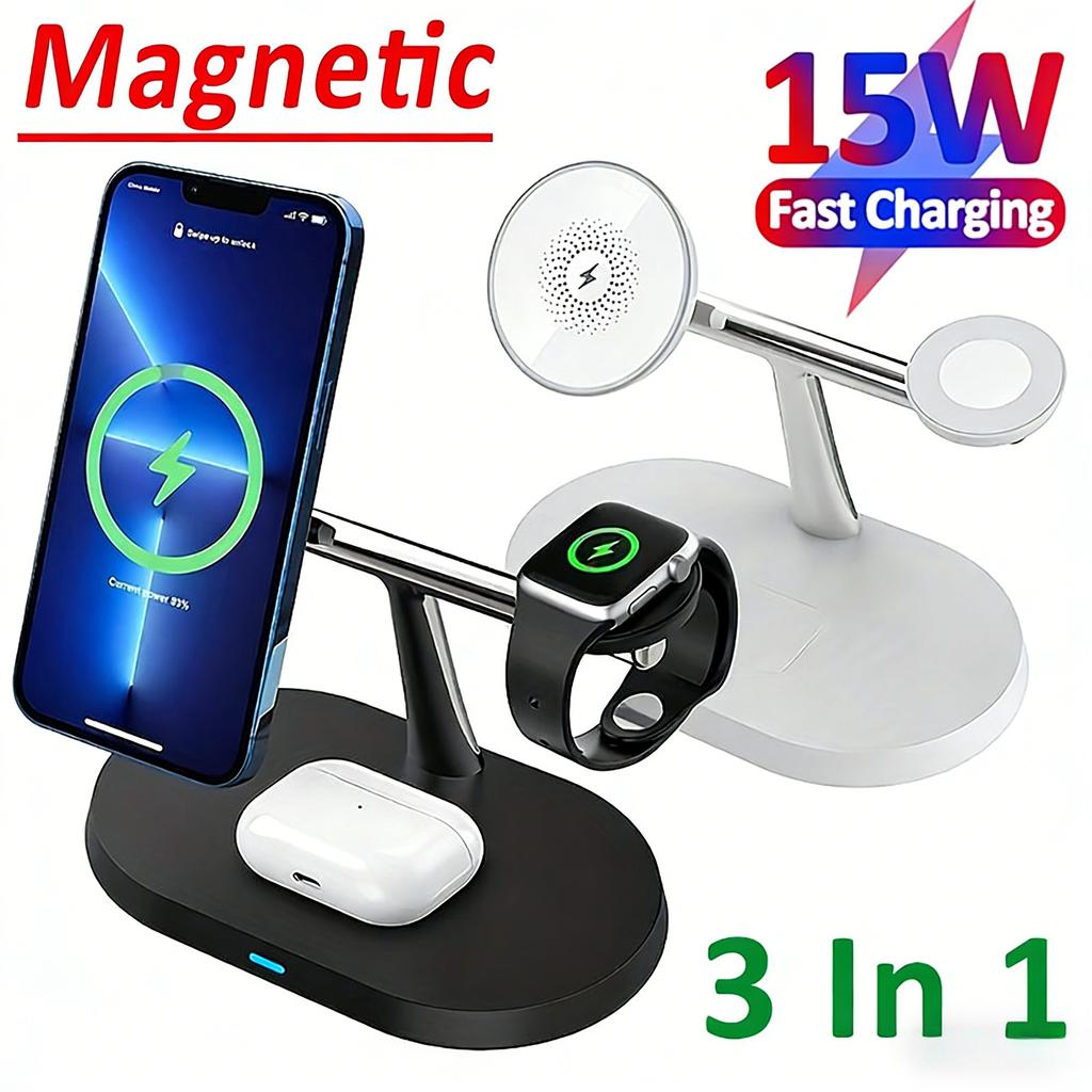 3 in 1 Wireless Charger Stand Magnetic Fast Charging Station For 12 13 14 15 16 For Watch 9 8 7 6 5 Airpods 2 3 Pro