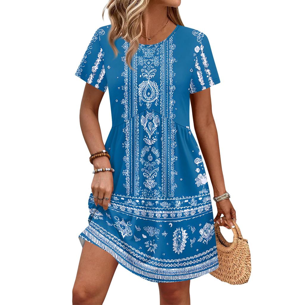 Dresses For Women Short Sleeve Print Round Neck Casual Dresses Waist Dress With Pockets