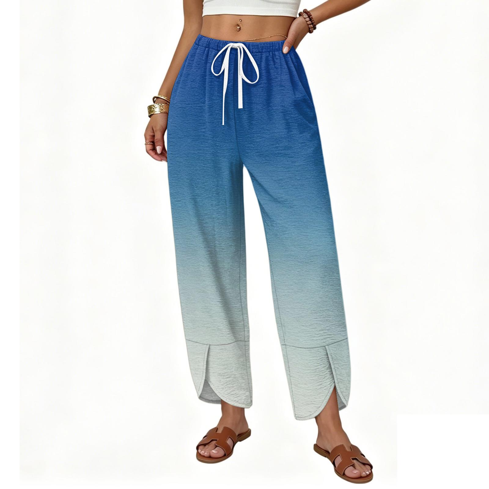 

Women s Drawstring Waist Loose Fit Gradient Print Casual Wide Leg Pants Lightweight Breathable Fabric S синий