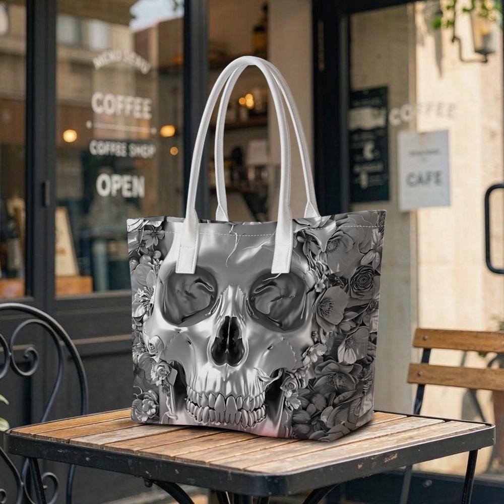 Grey Skull Floral Casual Tote Bag Portable Daily Handbag Fashion Versatile Shoulder Bag