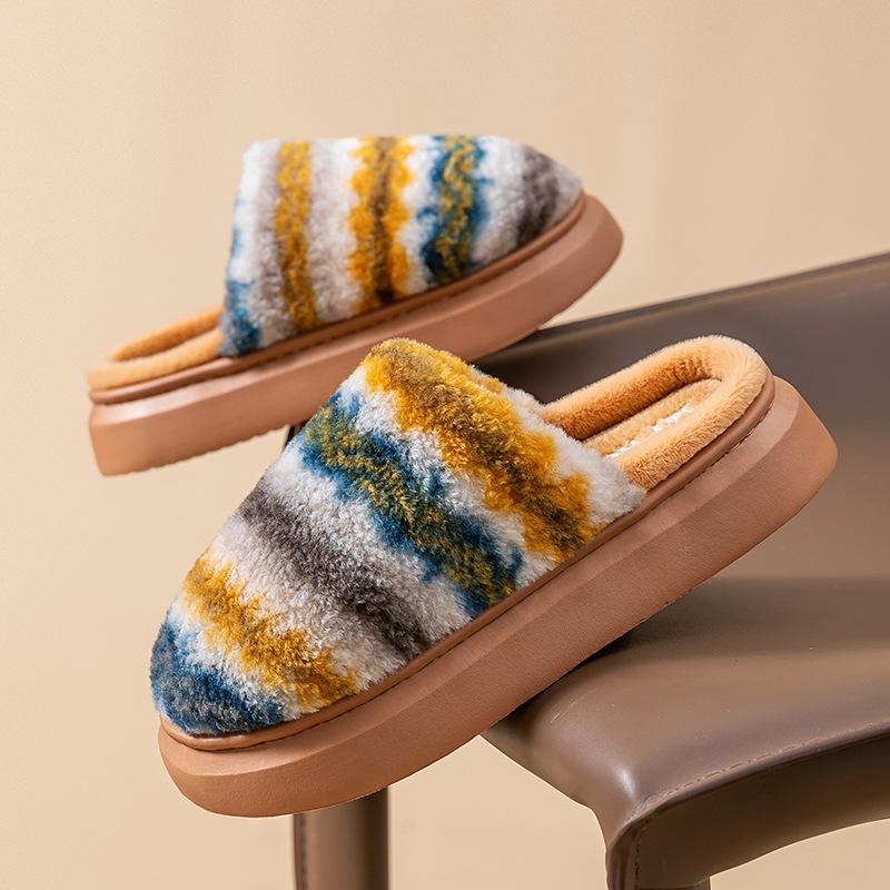 Modische Baumwollpantoffeln mit dicker Sohle Herbst und Winter Indoor Zuhause Fleece warm Paar welliges Plaid Plüschpantoffeln