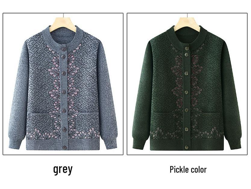 Round Neck Knitted Cardigan for Middle-Aged and Elderly Women - Grandma Style Sweater for Spring and Autumn