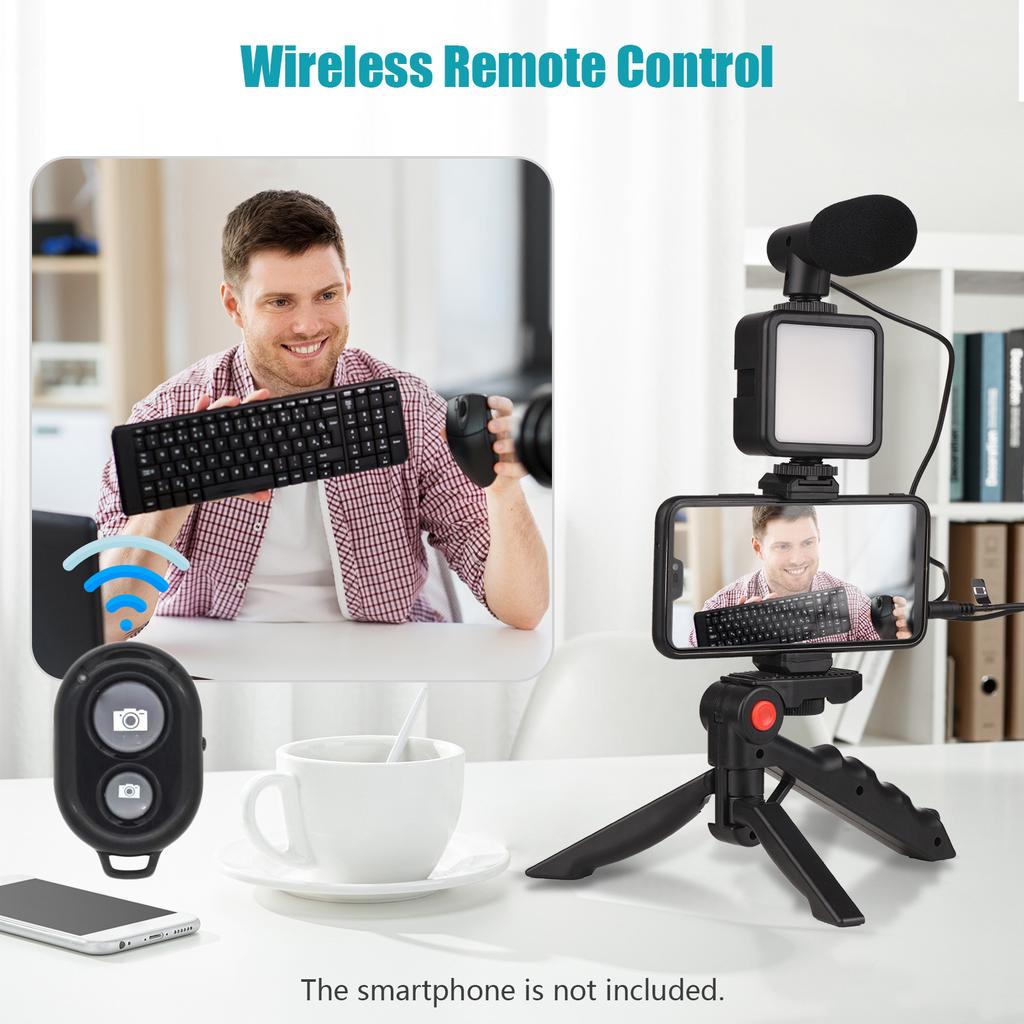 Smartphone Vlog Kit   LED Video Light + Cardioid Microphone + Extendable Phone Clip + Tripod with   Brightness for Live Strm Vlog Video Sh