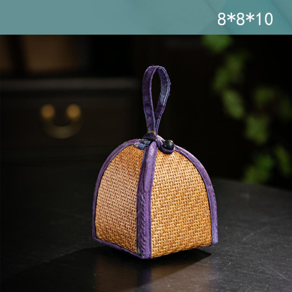 Handmade Spliced Drawstring Pocket with Handle Teapot Bag Rattan Pattern Storage Bag  For Small Cup
