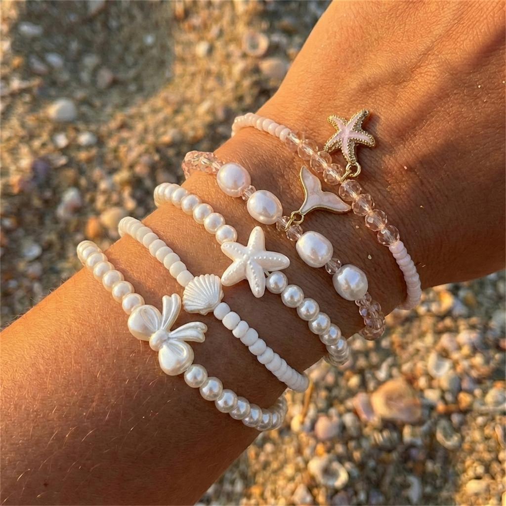 Bohemian Shell Starfish Bead Bracelet Set for Women Summer Beach Multilayer Starfish Conch Stacked Bracelet Party Jewelry Gifts