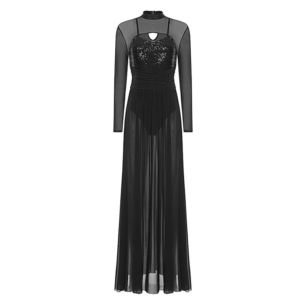 Ladies Sequin Long Sleeve Lyrical Dance Dress Mesh Tulle Flowy Maxi Long Dress Built In Briefs Performance Wear