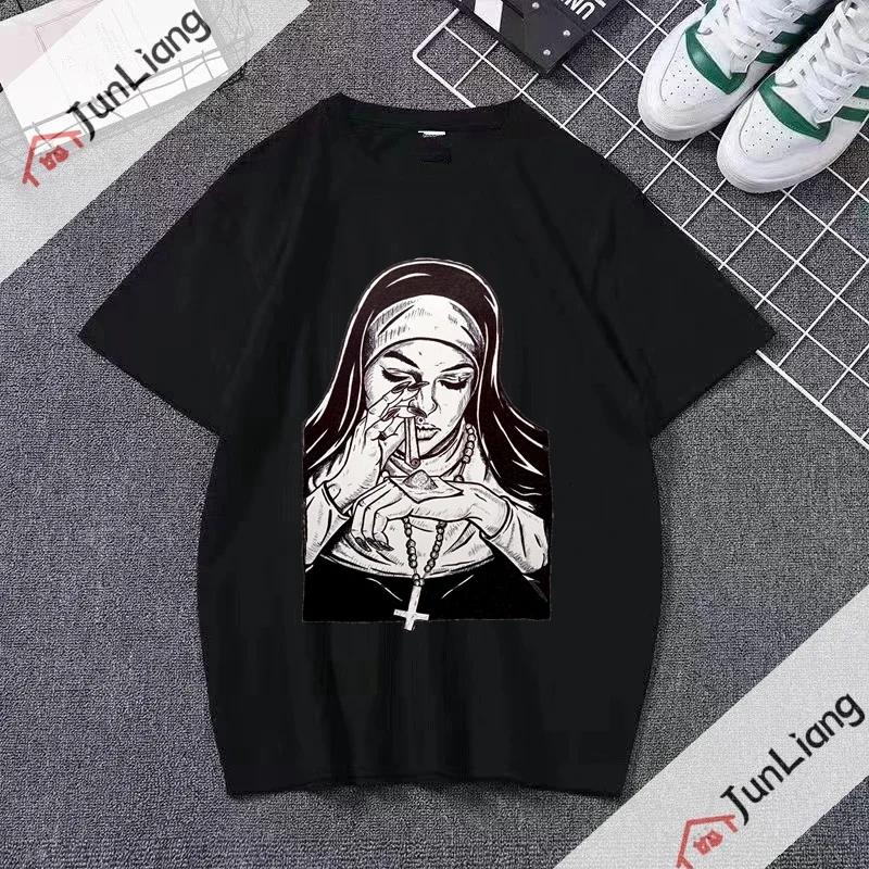 Smoking and Drinking Nuns Religious T-shirt, Cute Unisex T-shirt Short Sleeved Summer Crew-neck Plus Size Breathable Clothing