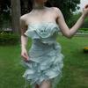 2026 European and American French lady style temperament ruffle leaf edge three-dimensional flower streamer irregular dress waist skirt