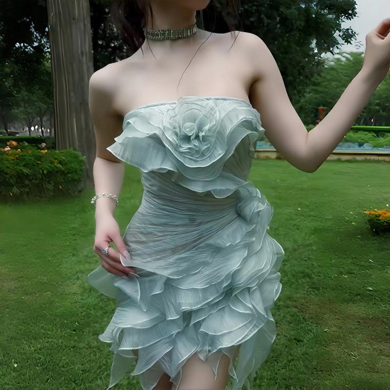 2026 European and American French lady style temperament ruffle leaf edge three-dimensional flower streamer irregular dress waist skirt