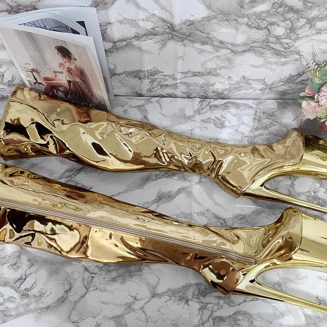20CM Plateau Galvanisierte Overknee Pole Dance Stiefel - Fetisch Gold Silber Stiletto High Heels für Nachtclub-Models