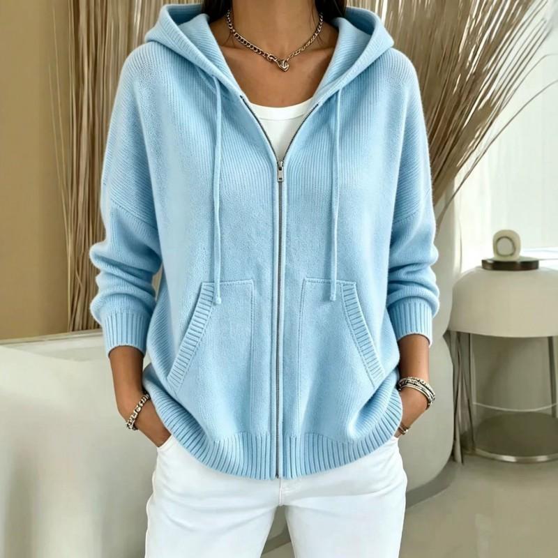 Womens Oversized Knit Hooded Zip-Up Cardigan Winter 2026 Solid Color Casual Sweater