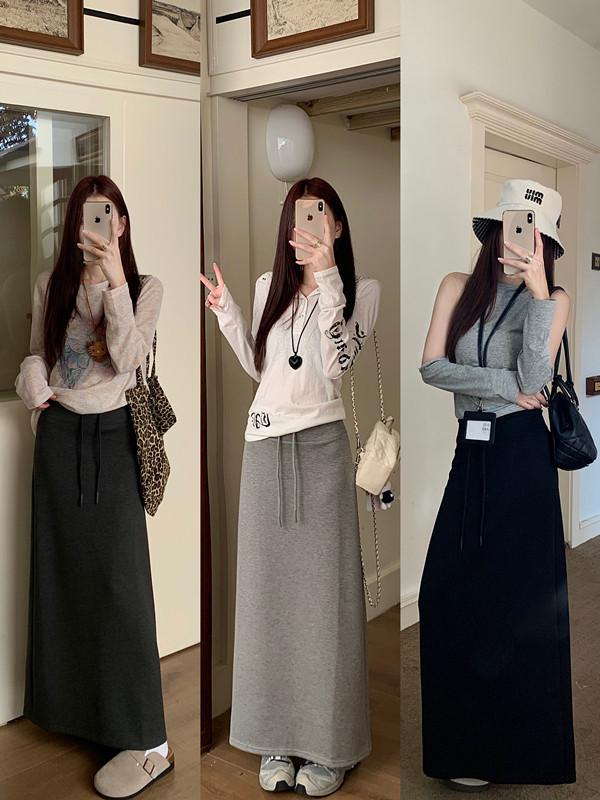 Retro Grauer Schnür-Schlankheits-Halbrock für Damen - Elastischer Bund, Gerader Schnitt, Hüftbetontes Design, Perfekt für den frühen Herbst 2025.