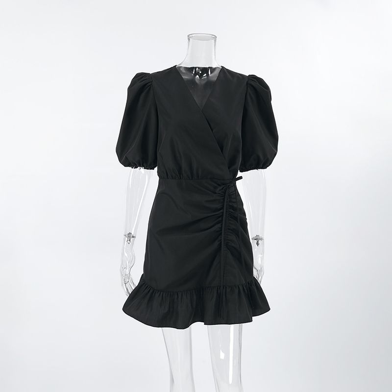 

Summer New Puff sleeve Drawstring Pleat Dress Bubble Sleeve Drawstring Dress Black S