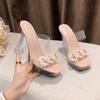 Xia's New Large-size Transparent Slippers Crystal Thick High Heels Fashionable Open-toed One-word Drag Girl