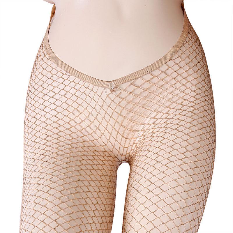 Women's Glittering V-Waist Fishnet Stockings with Silver and Gold Threads for Nightclub or Stage Wear