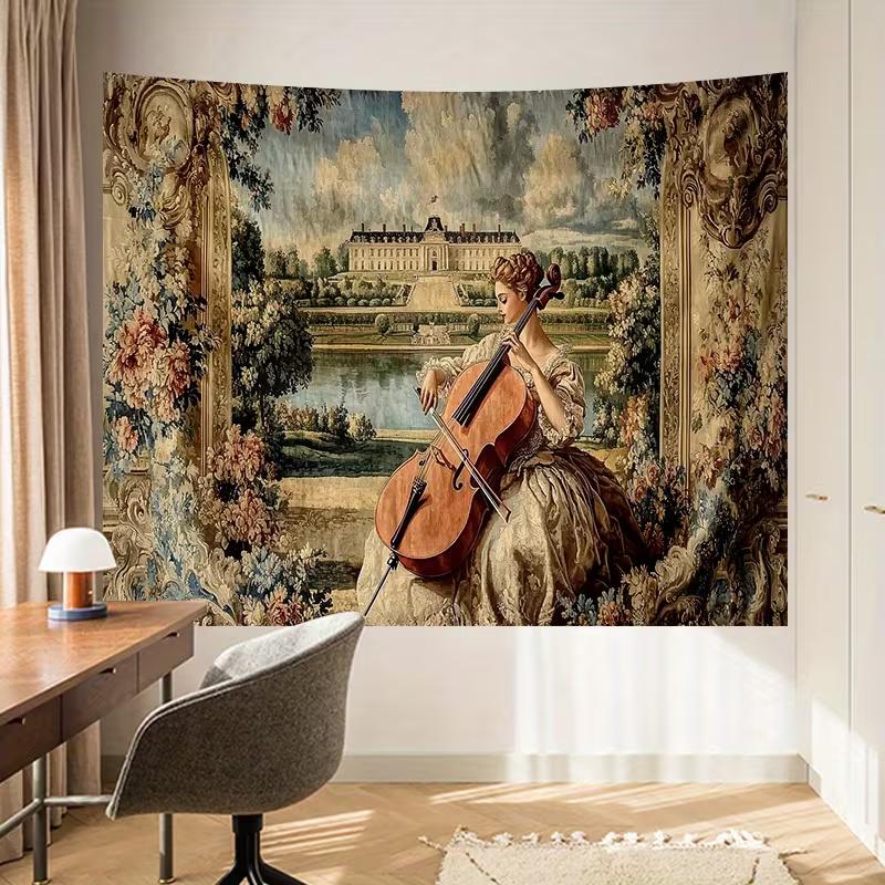 2D Rococo Cello Lady Tapestry Backdrop, French Palace Wall Hanging 47.2x31.5inch/120*80cm