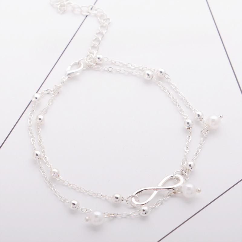 Trendy European & American Pearl Infinity Anklet Bracelet: Handmade Double-Layer Beaded Jewelry